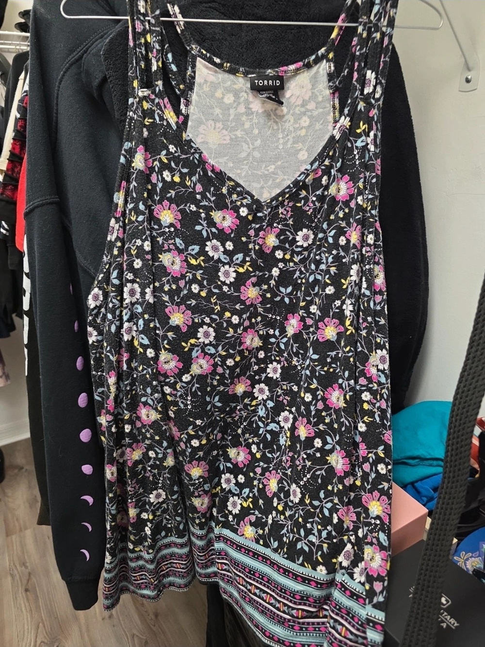 torrid Black Floral V-Neck Tank with Pink and Light Blue Accents